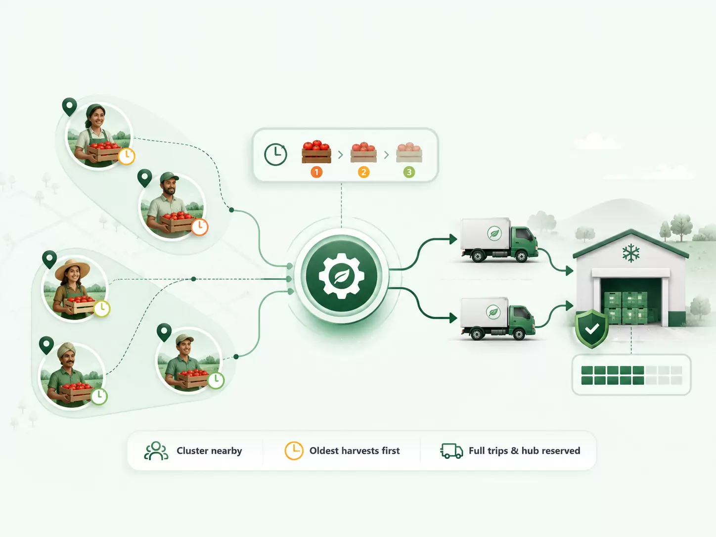 Coordination engine grouping farmers to trucks and hubs