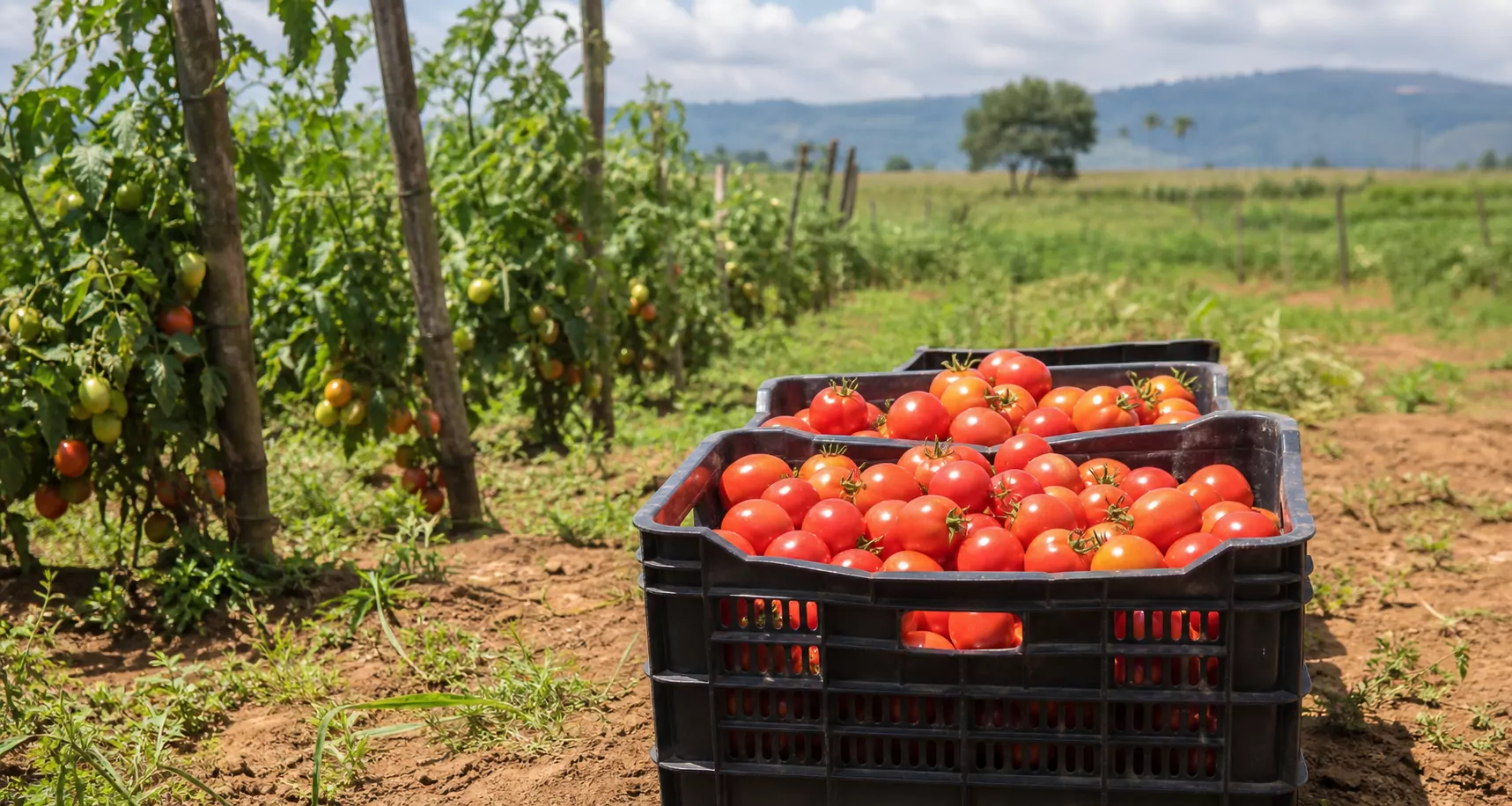 Fresh tomato harvest crates beside tomato plants
