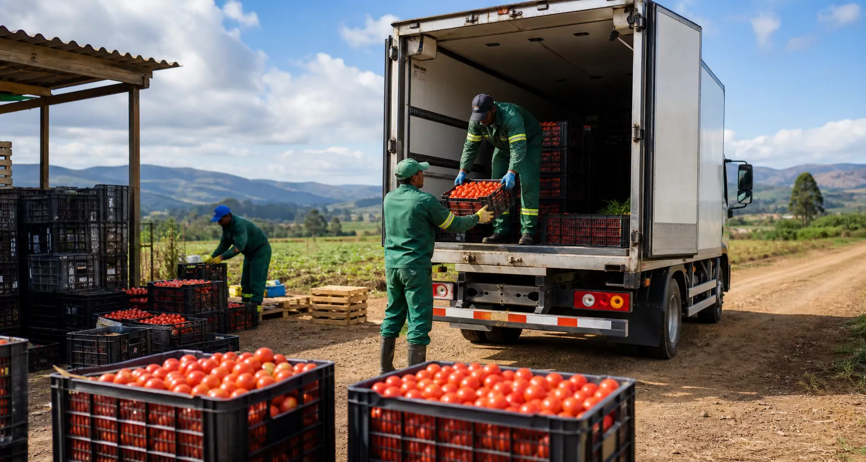Tomato crates prepared for cold truck transport